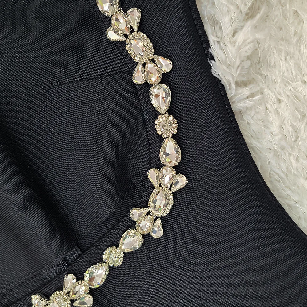 New Designer Long Sleeve Women Evening Dresses Sexy Black Hand Diamond Beading Celebrity party Wear Party Dress