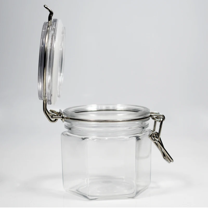 empty hexagon 300ml 10oz PET plastic clip top leak-proof hermetic kilner storage jar