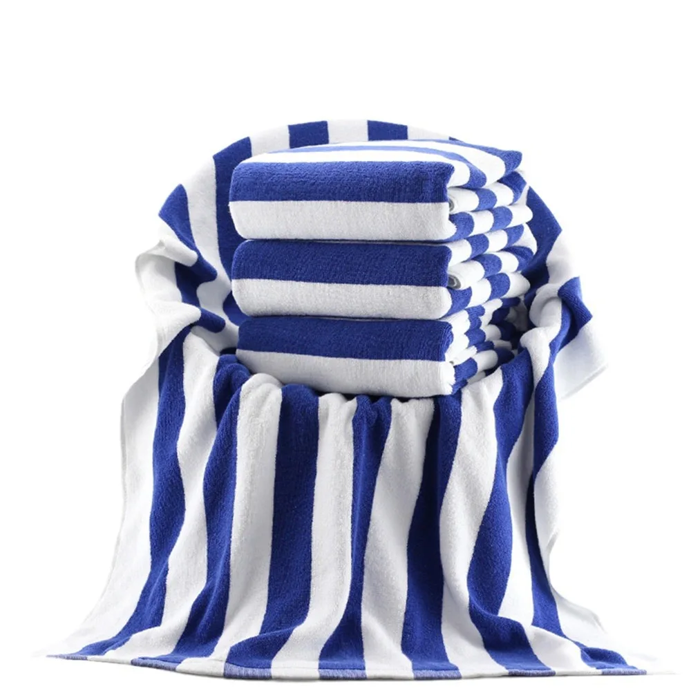 Wholesale White Blue Stripes 100% Cotton Custom Beach Towels Super Large Striped Jacquard Bath Towel