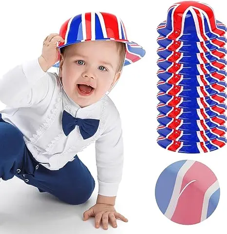 Union Jack Bowlers Hat British Flag Plastic Top Hats with Elastic Cord for Coronation of King Charles III Fade Resistant Bowler