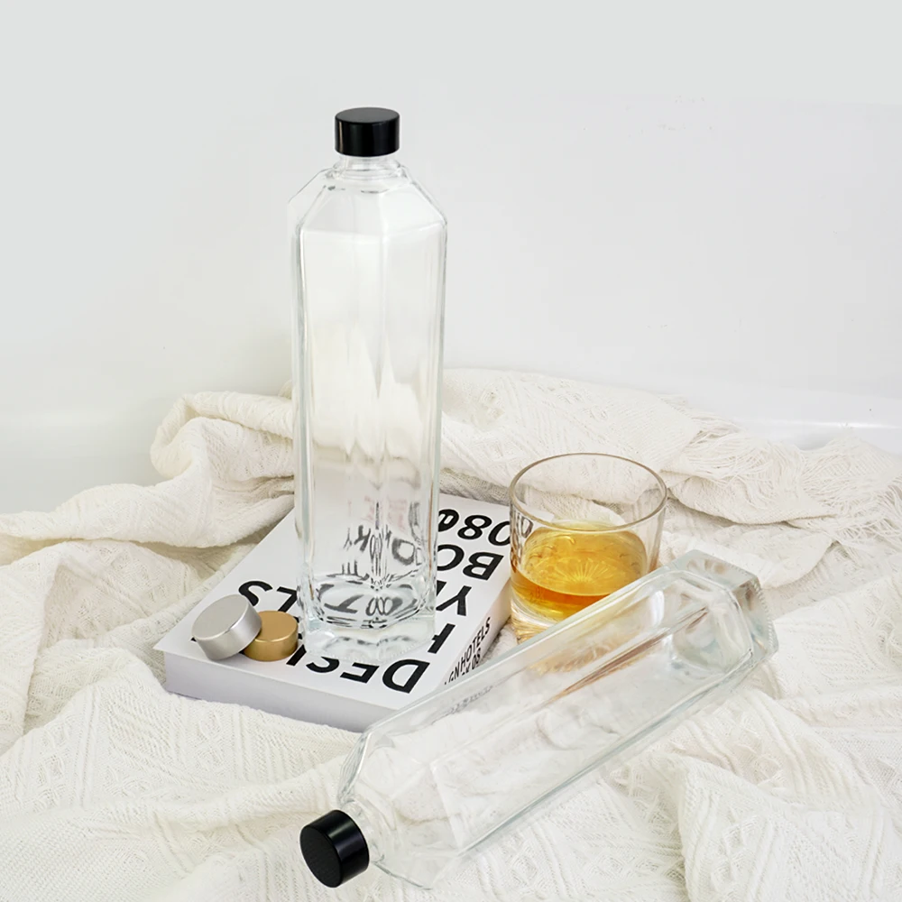 Customized 750ml  hexagonal shaped vodka bottle  flint glass bottle liquor wine whisky vodka liquor glass wine bottles
