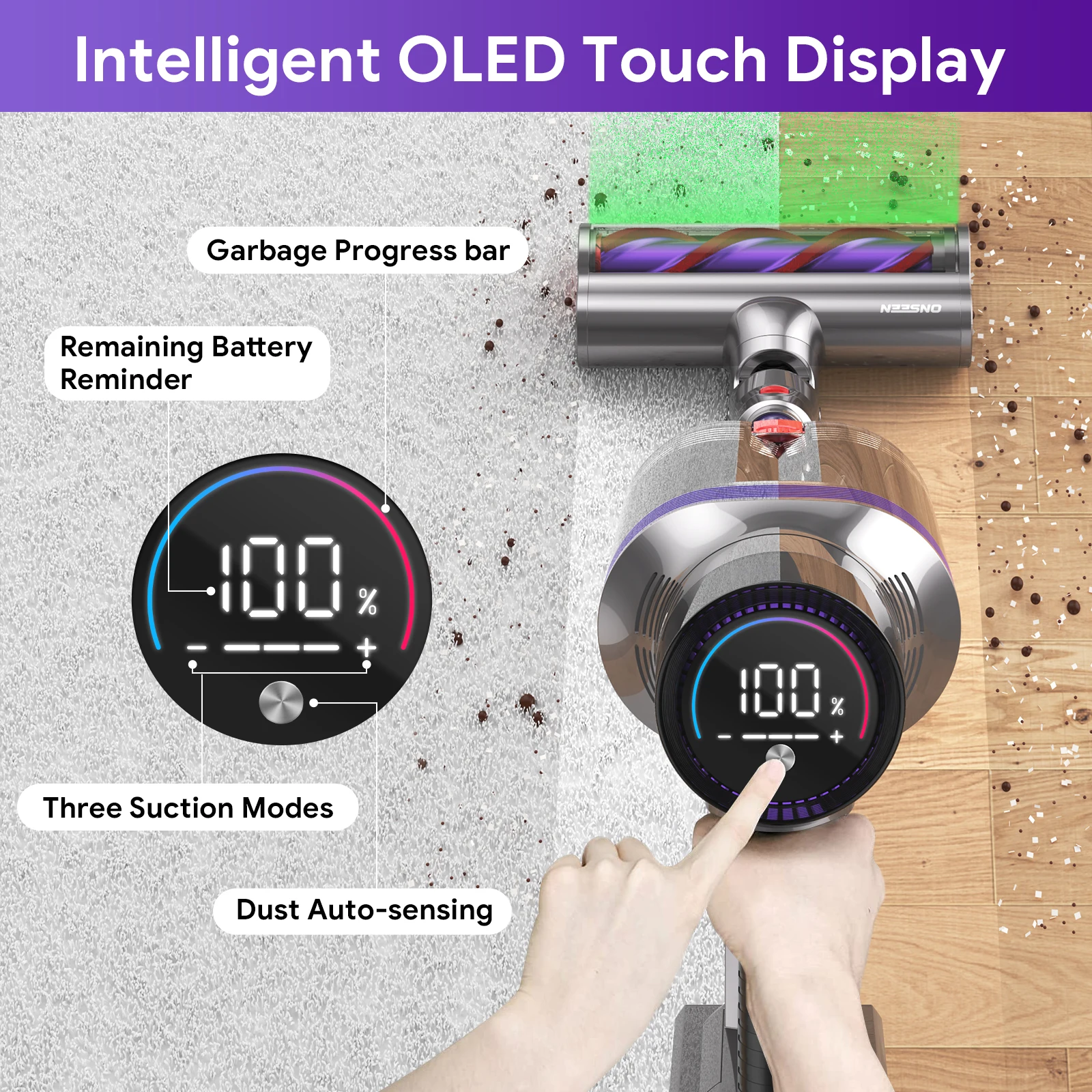 ONSEEN S702 Cordless Smart Vacuum Cleaner Stick 1 PC Retail Pet Hair OLED Touch Screen Home Carpet Car Cleaning Dry