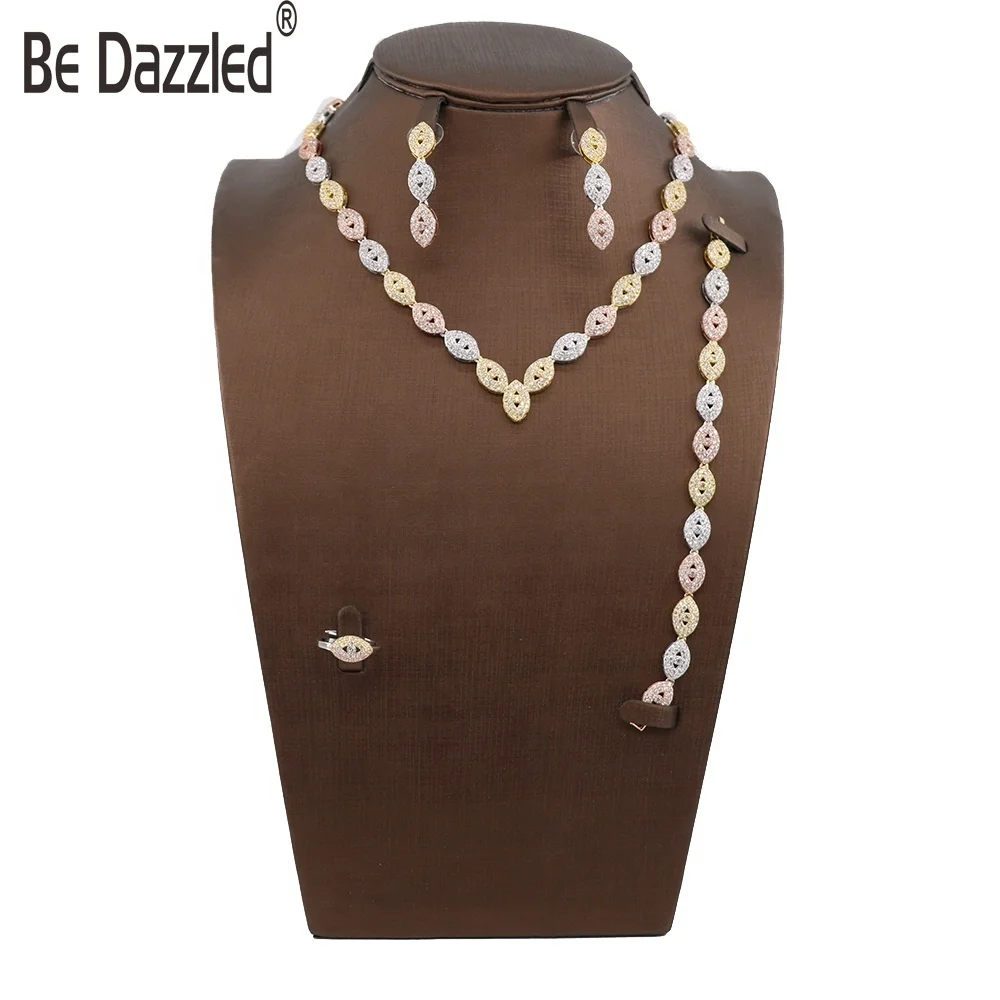 Bedazzled  Artificial Gold Jewelry Saudi Gold Bridal Jewelry Set 3 Tones Mixed Bangle Ring Sets for Jewelry