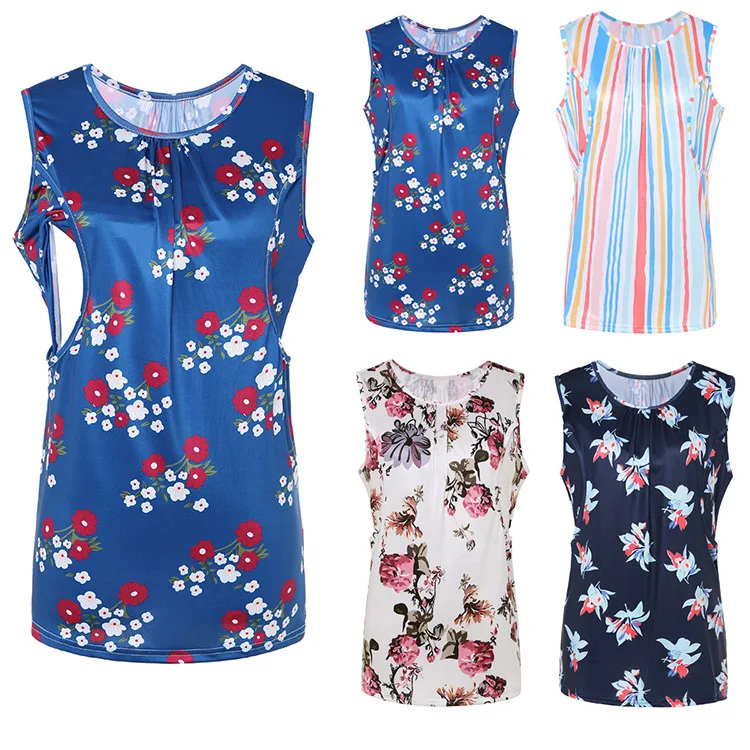
New sleeveless round neck printed breast feeding T-shirt for women 