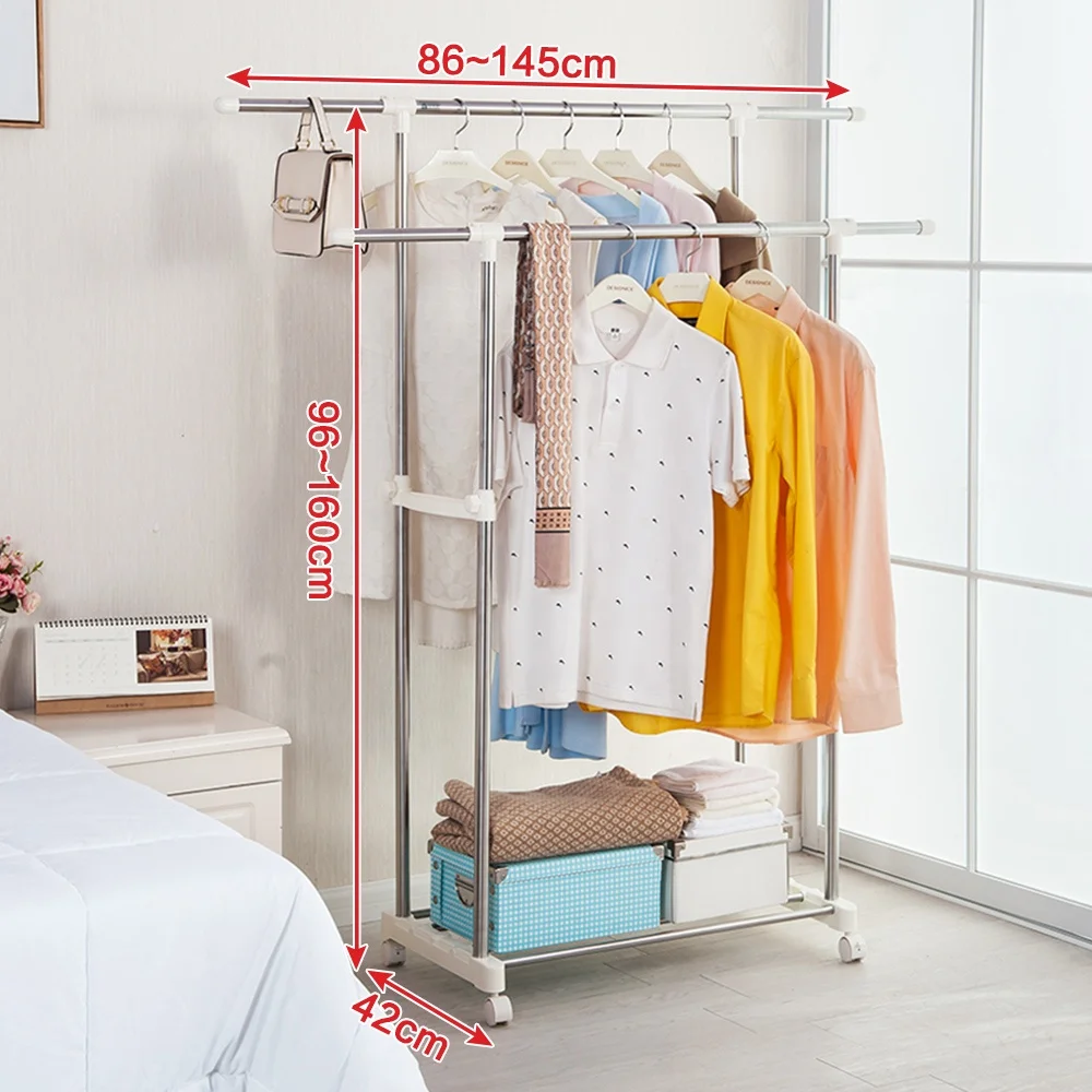 BAOYOUNI Double Rail Cloth Hanger Stand Stainless Steel Clothes Organizer Rack Rolling Wheels Garment Hanging Rack