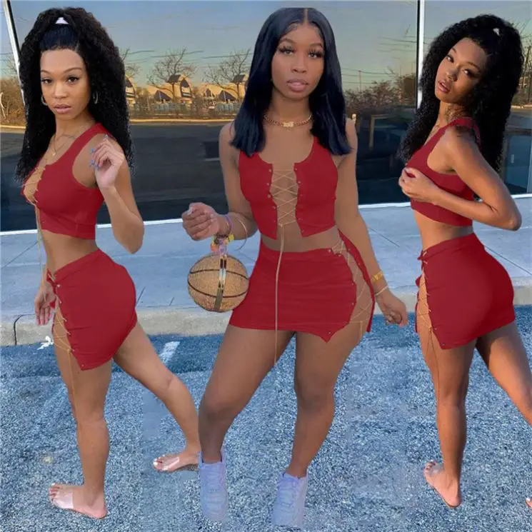 
Summer 2021 New Women Fashion Sexy Bandage Chain Crop Top And Mini Skirts Two Piece Set Outfits 