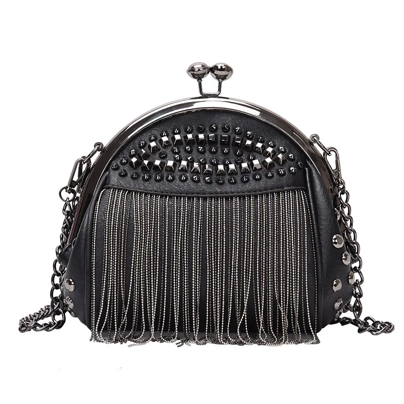 China factory 2025 new fashion shell handbags full of stud and fringe decorations kiss bag clutch bags wholesale for ladies