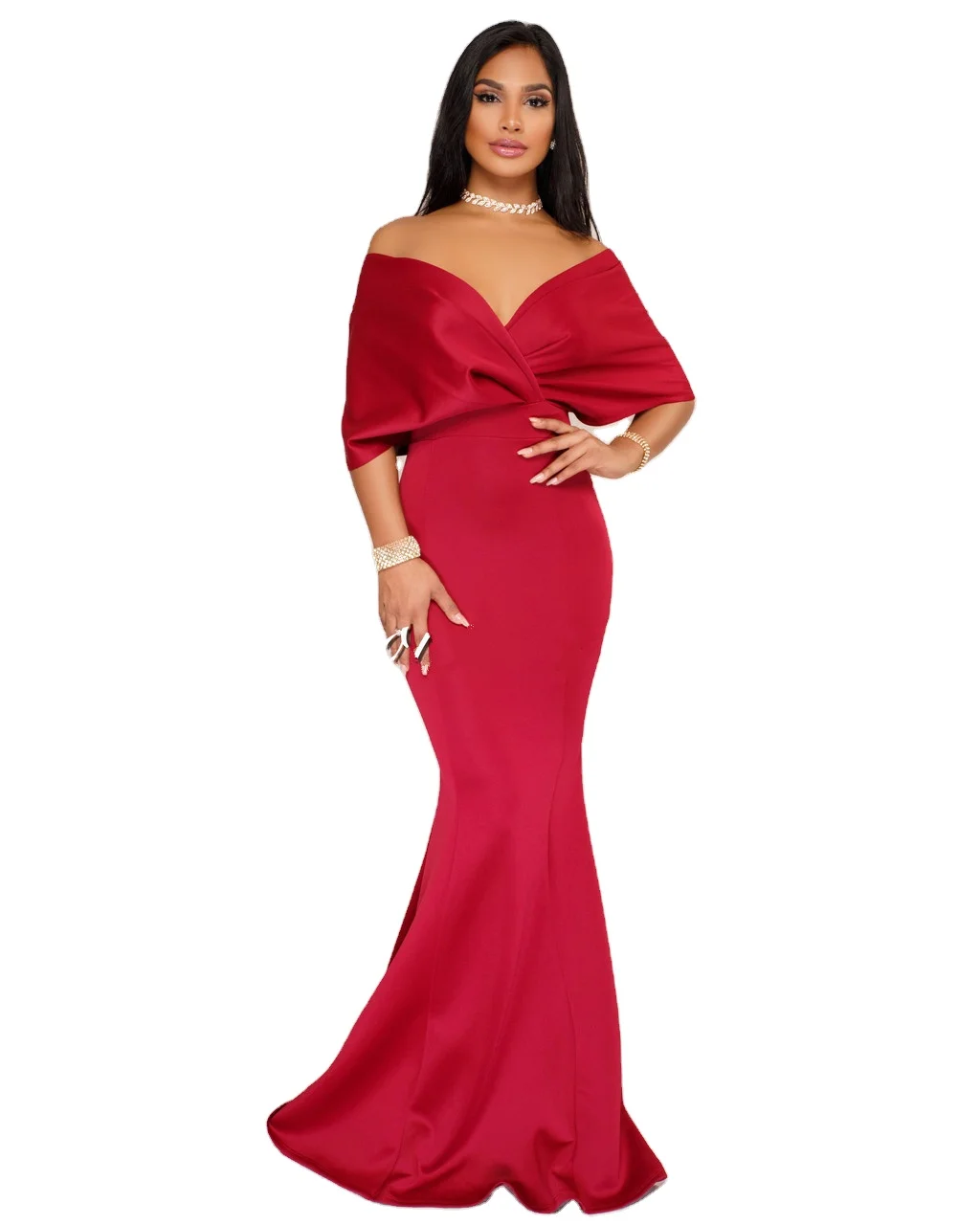 
Low price bodycon prom dresses sexy blackless off shoulder fishtail dress v neck solid color knit short sleeve evening dress 