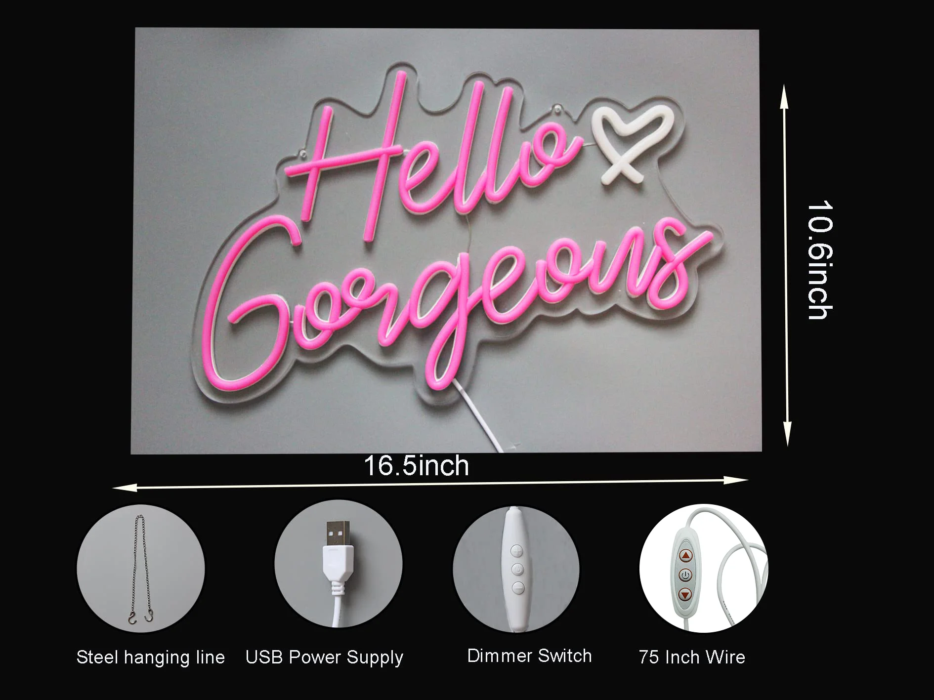 Hello Gorgeous Pink LED Neon Sign Dimmable Switch for Home Wedding Birthday & Backdrop for Party & Bacelorette Celebration