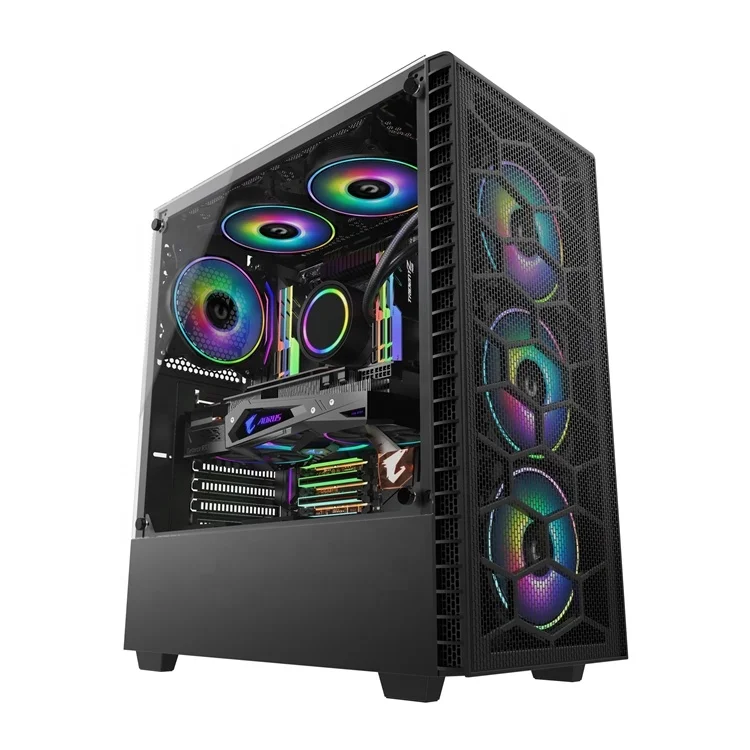 JNP-C3903 High Quality Mid Tower Tempered Glass Gaming Case ATX Computer PC Horizontal AUTO Rainbow RGB fan