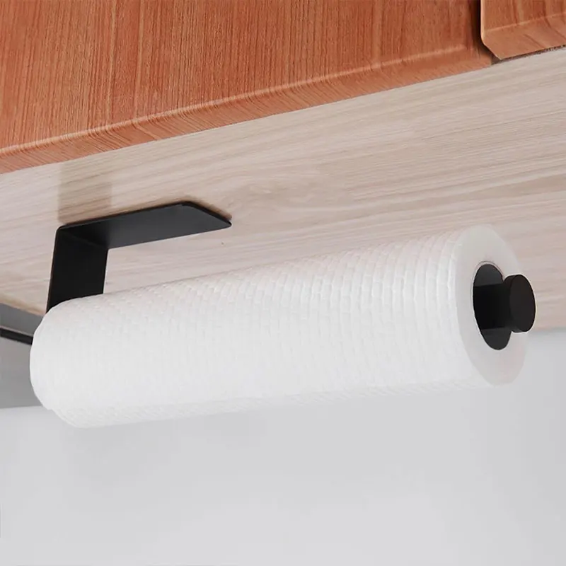 ROVATE Self Adhesive Black hanger household storage kitchen roll paper cling film roll 304 Stainless Steel Toilet Paper Towel