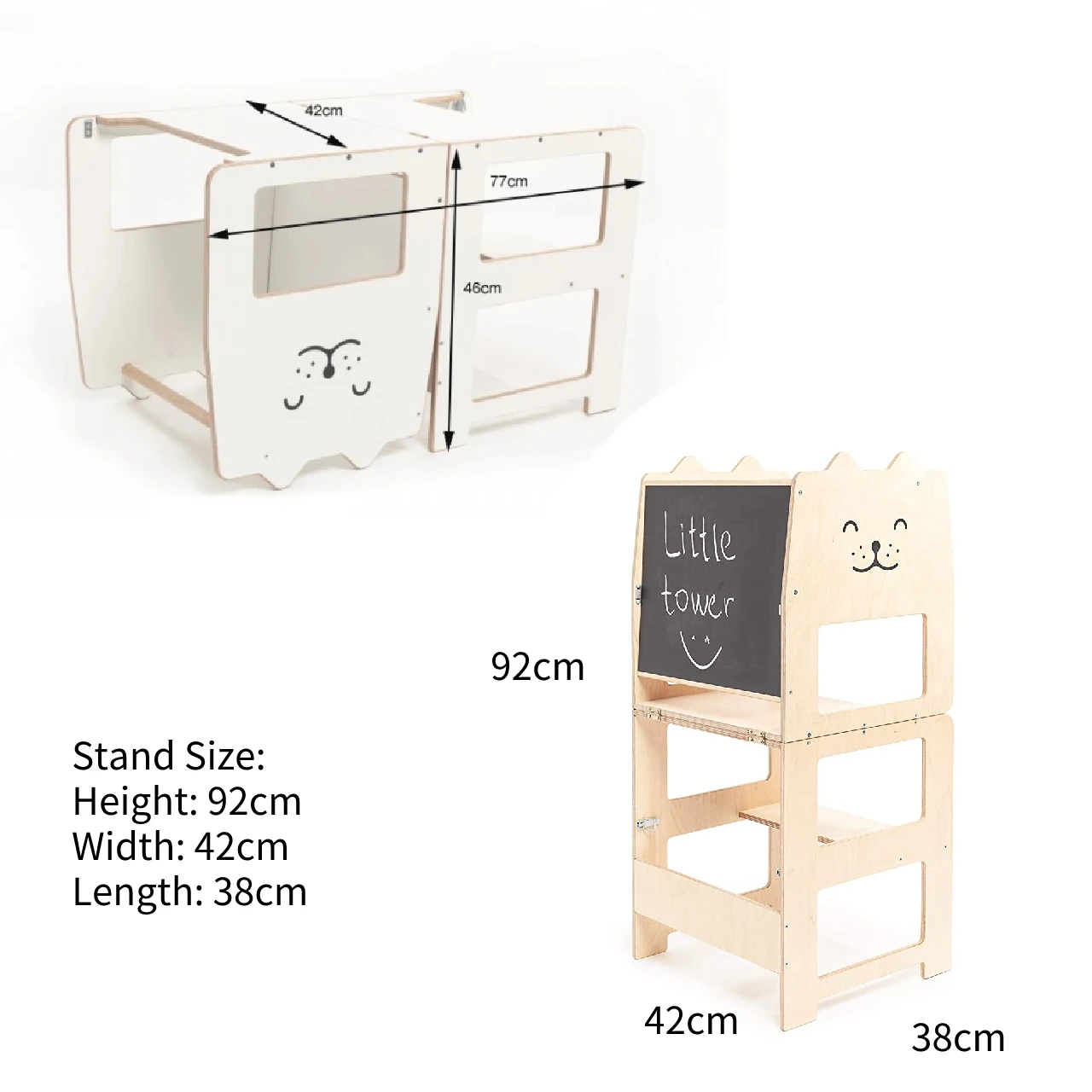 Foldable Wooden Montessori Learning Tower with Blackboard for Toddlers, Baby Kitchen Helper Convertible Step Stool