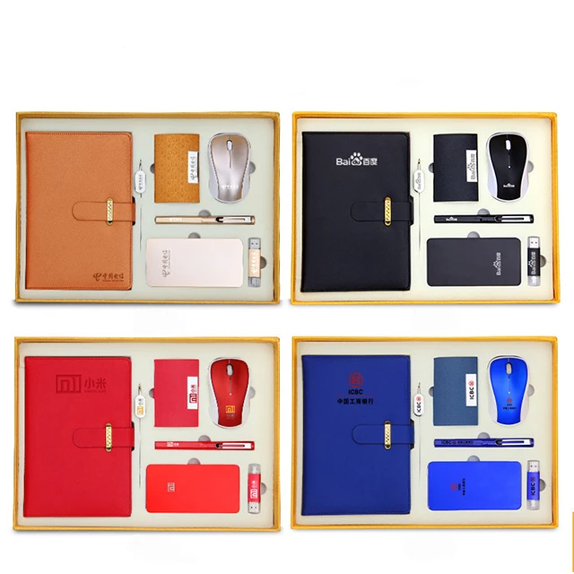 Business Corporate 7 sets gift box pen & usb flash drive & with wireless mouse power & bank and puleather diary notebook