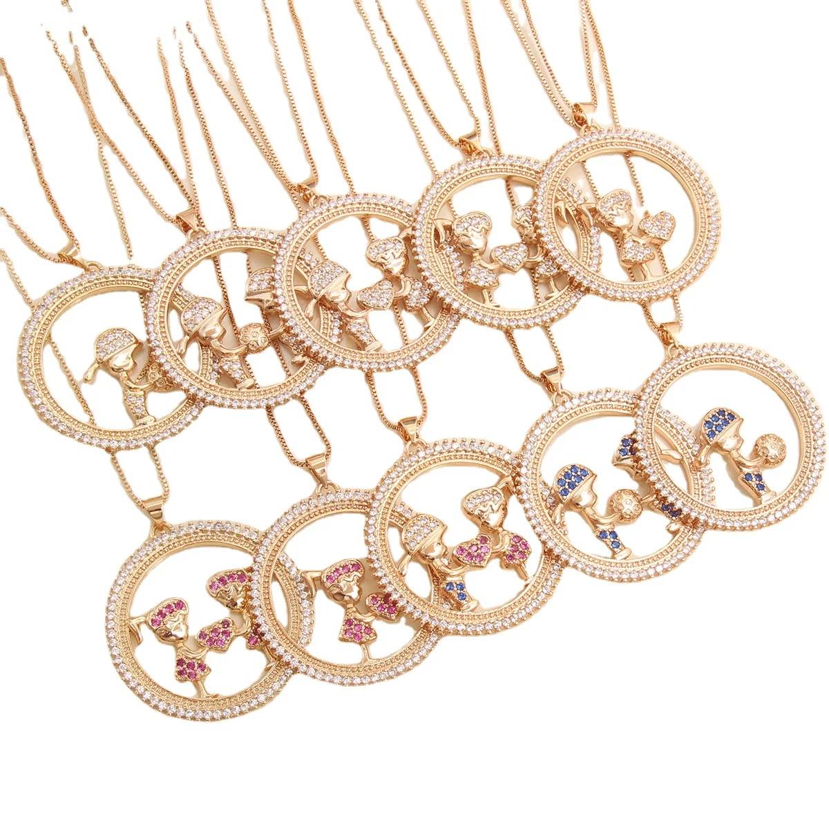 Круглый полый белый/красный/синий цвет маленькие девочки мальчики дети и сердце CZ Циркон цепи очарование рубиновый кулон ожерелье для влюбленных подарки