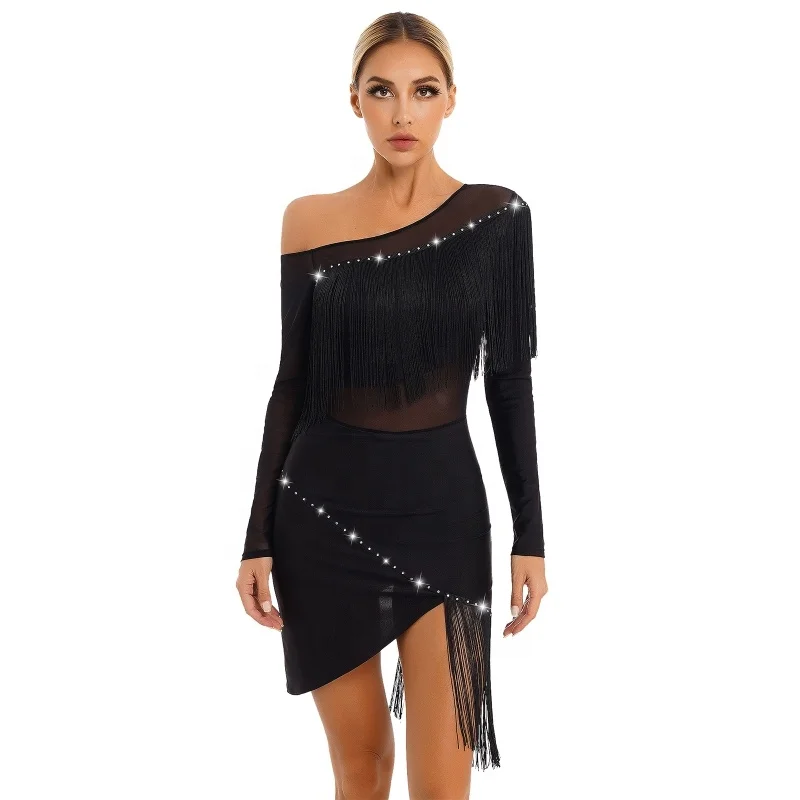Womens National Ballroom Fringed Tango Samba Dance Dress Mesh Long Sleeve Latin Dance Performance Dress