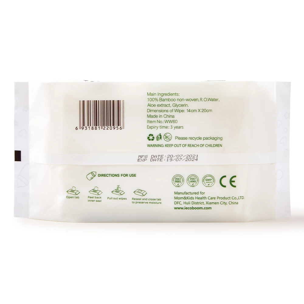 ECO BOOM  oem dispenser travel sell unscented organic cotton compostable wet baby wipe 120 pcs