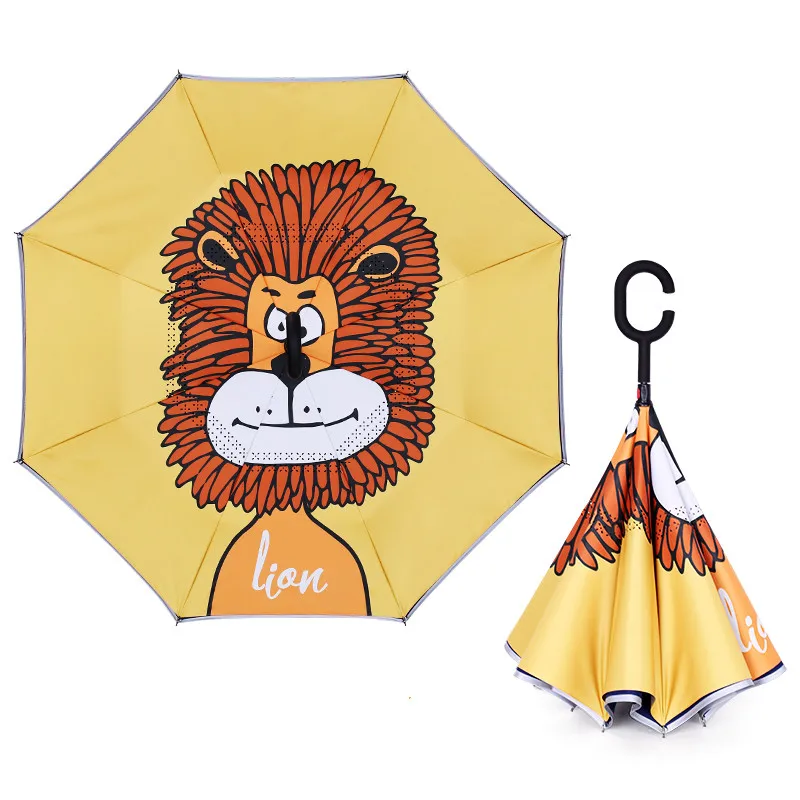 Cute cartoon animal print small reverse umbrella c shaped handle reverse compact umbrella with reflective strip for kids