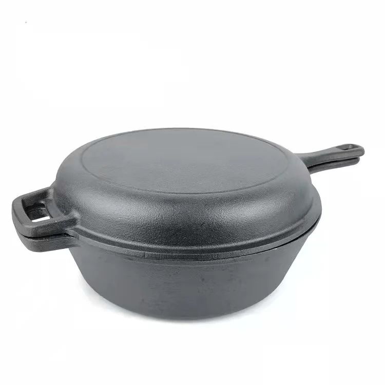 Cast iron outdoor cookware set 2 in 1 double usage camp pot with grill pan as lid oil preseasoned cook set customize available