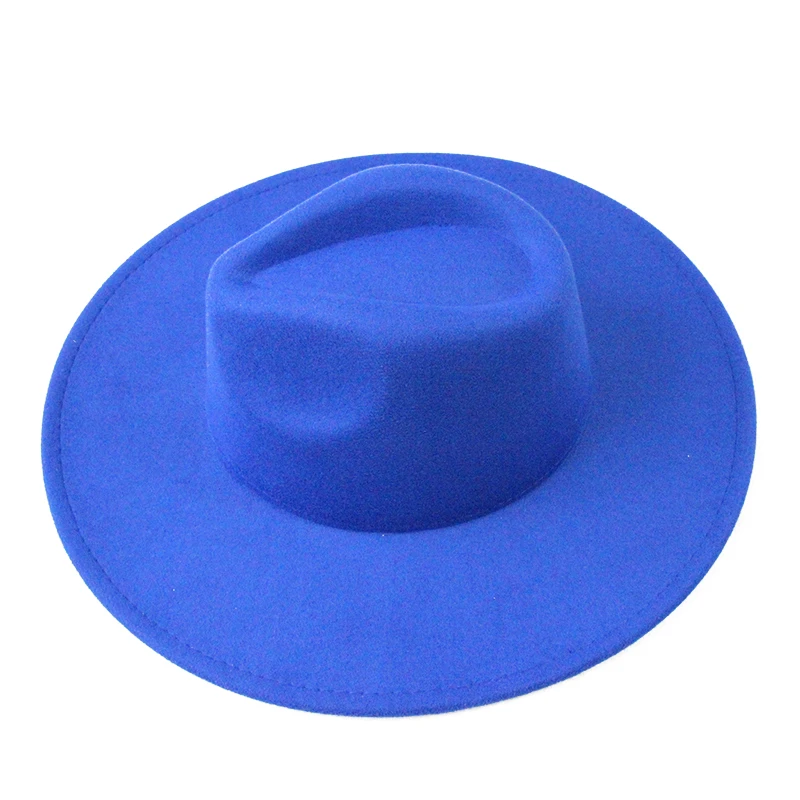 9.5cm wide brim women Gasquette Fashion panama Jazz Solid Color Blue Flat Fedora Hat