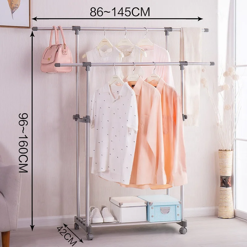 BAOYOUNI Double Pole Telescopic Clothes Rack Extendable Hanging Rail Rolling Laundry Drying Stand Garment Rack with Wheels