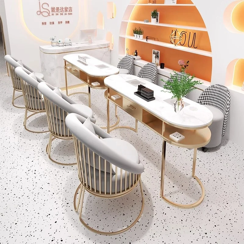 Wholesale luxury nail shop salon table and chair gold frame marble top double modern manicure tables