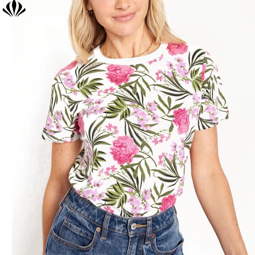 High Quality Crew Neck  Short Sleeve T-shirt Women 100% Cotton Printed T-shirt