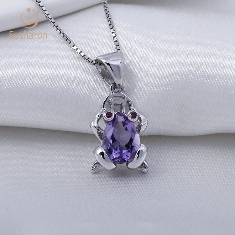 Animal Jewelry Frog Shape Design S925 1.5ct Natural Amethyst Pendant Gemstone Necklace