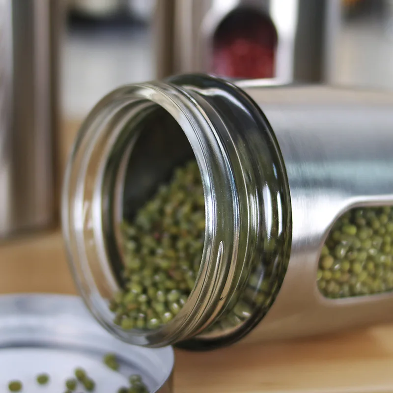 Top Grade Stainless Steel Visual Glass Coffee Beans Grains Storage Jar Glass Storage Containers