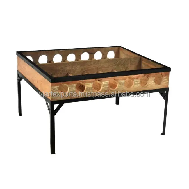 Industrial Glass Top Wine storage Coffee Table, Vintage Metal & wood Wine storage glass top Coffee Table