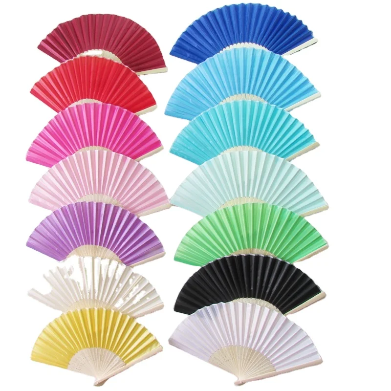 Solid Color Foldable 23pcs Bamboo Ribs Hand Portable Silk Fabric Fans Wedding Party Cheap Gifts Favor with carved