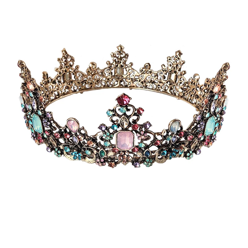 Cross Border  Alloy Crown Retro Gold Inlaid Seven Color Diamond Crown Princess Headdress The Best Bridal Crown