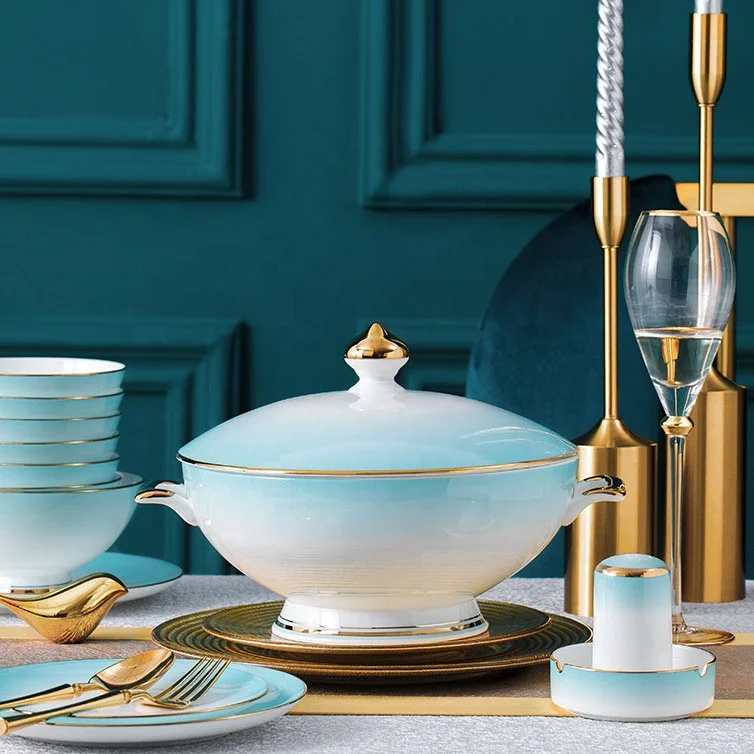 Ceramic tableware Gradual blue dishes Set high-grade bone china tableware 60 head wholesale gifts Home