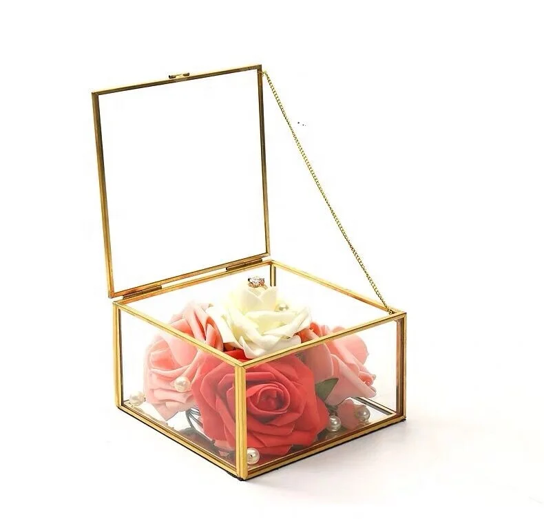 Luxury Handmade Jewellery Box Gold Copper Metal Triangle Geometric Design with Lidded Glass Storage for Home Decor