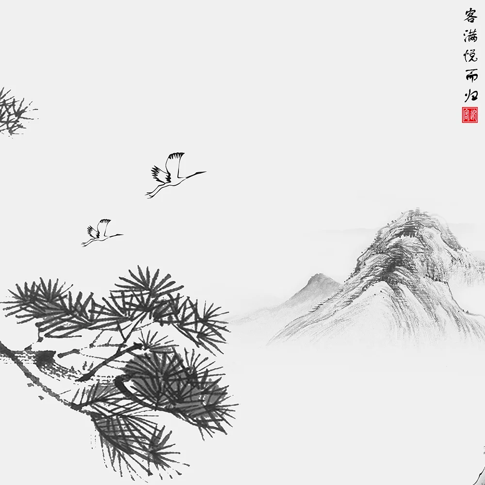 Chinoiserie Style Graceful Luxury Ink Painted  Handpainted Silk Wallpaper