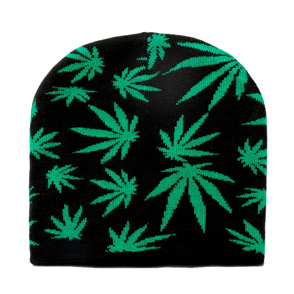 2024 New Men Women Hip Hop Autumn Winter Colorful Green Marijuana Weed Leaf Jacquard Brimless Knitted Warm Beanie Hat for Unisex