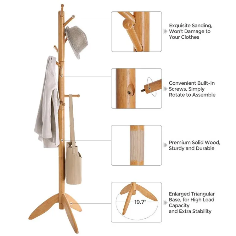 Manufacturer delicate workmanship 11 rounded hooks cloth stand wooden