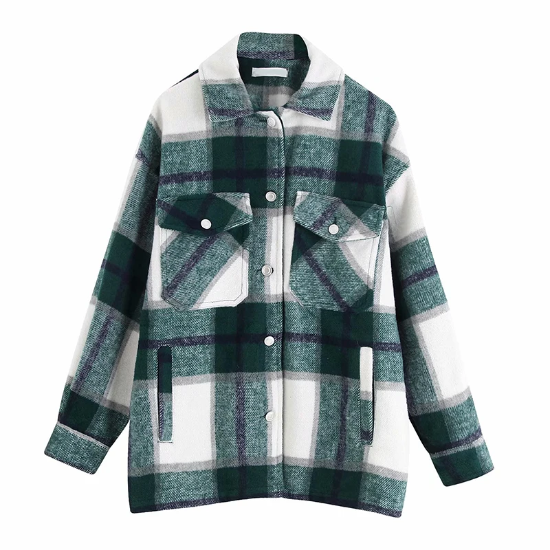 Vintage fashion oversized pockets checked womens jacket fashion long sleeve lapel let outerwear chic tops coat