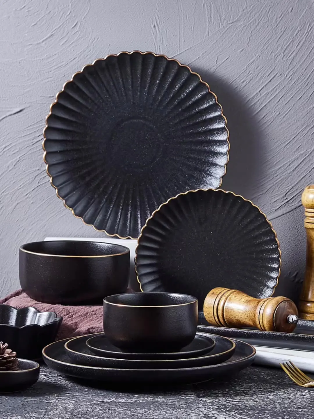 japanese black matte ceramic tableware household dishes set retro hotel sushi long plate