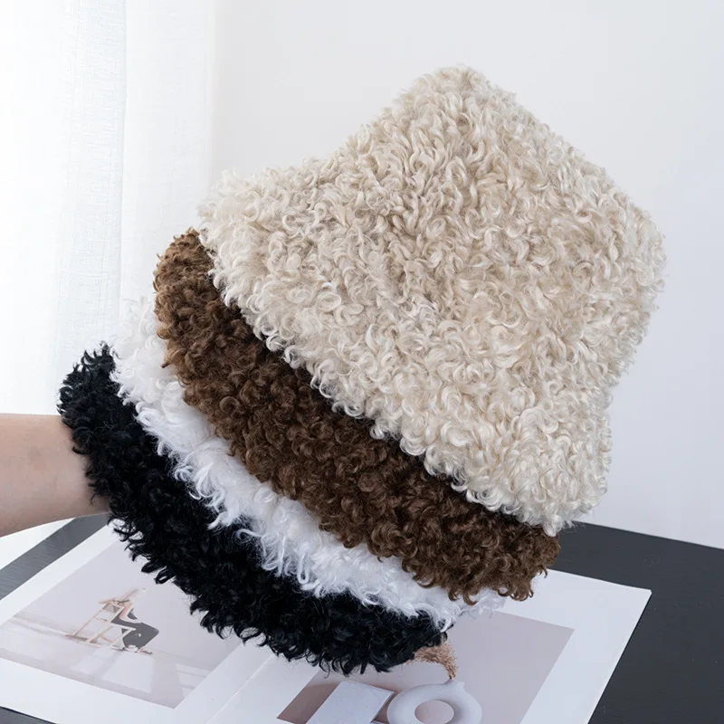 plush warm bucket hat, special brim color, fashionable embroidery, wool sheep wool winter bucket hat
