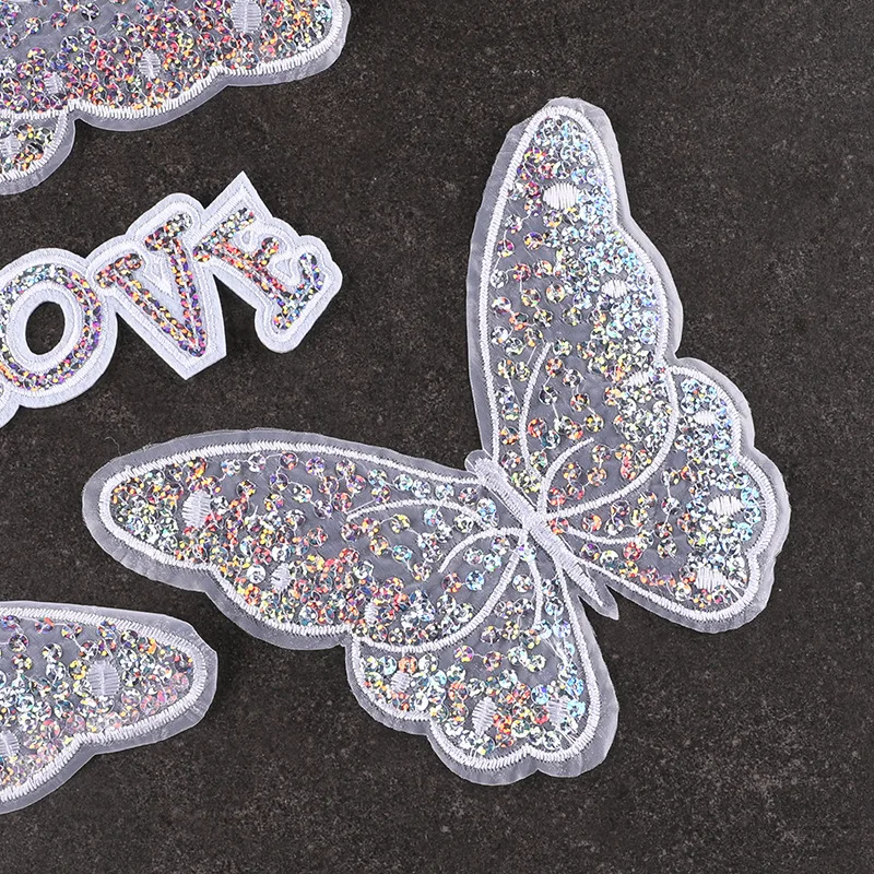 Clothing accessories sequins embroidered butterfly cloth, white transparent cloth patch, butterfly letter cloth label
