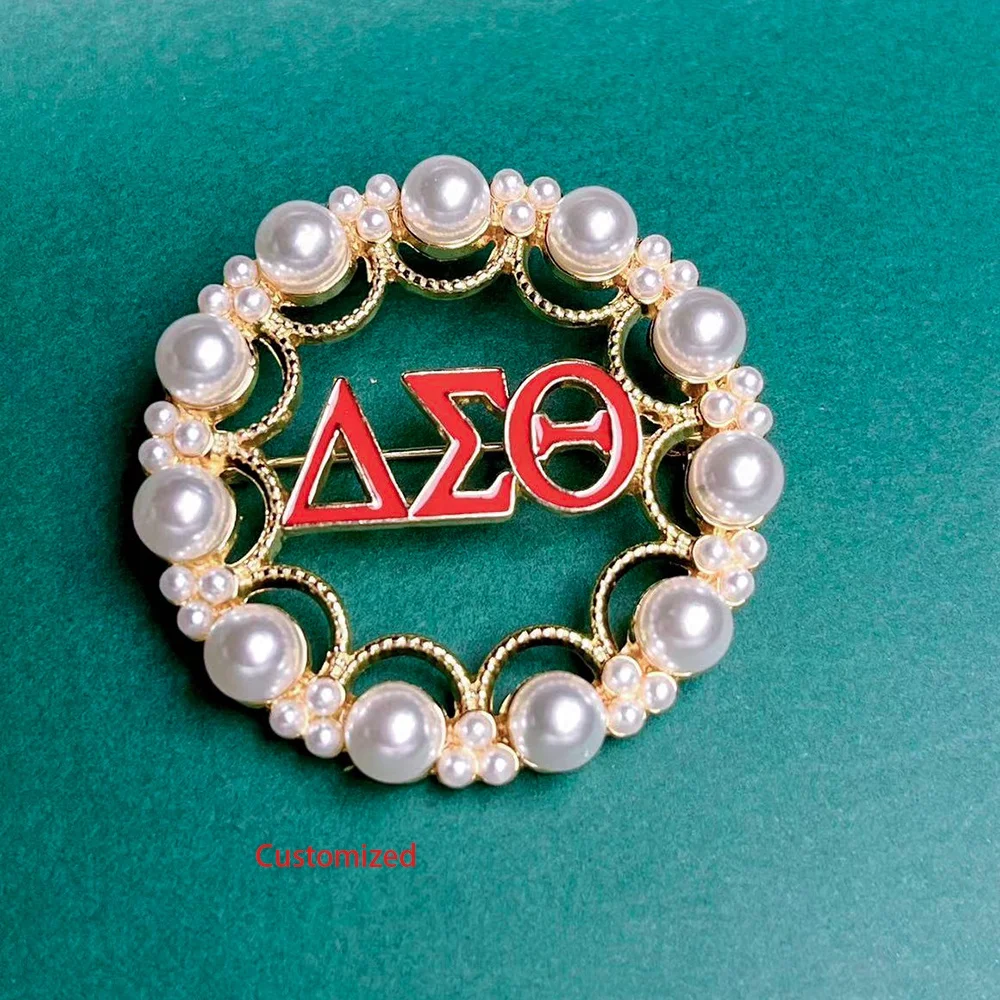 Custom Round Pearl Metal Delta Theta Letters Name Brooches Pins DST AKA Greek Sorority Jewelry Brooch Pin