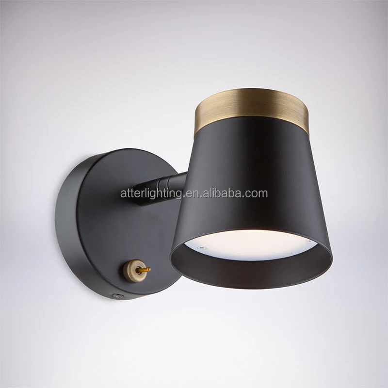 Новый простой современный домашний прикроватный черный металлический настенный светильник с латунным переключателем включения/выключения