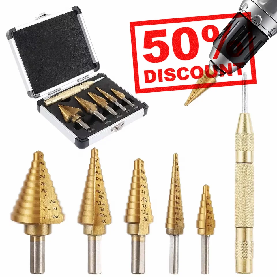 6 Pieces HSS Titanium Step Drill Bit Set 50 Sizes 118 Degree High Speed Steel Straight Round Shank for Metal with Aluminum Box