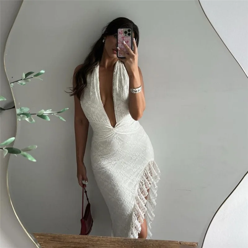 2024 Spring new fashion personality lace halter dress pure white hollow out split sexy dress women