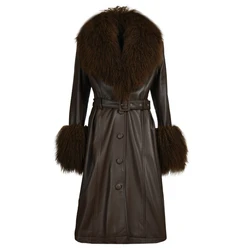 Factory Wholesale Winter Real Sheepskin Leather Coats With Mongolian Fur Collar And Cuffs Long Genuine Leather Jackets Woman