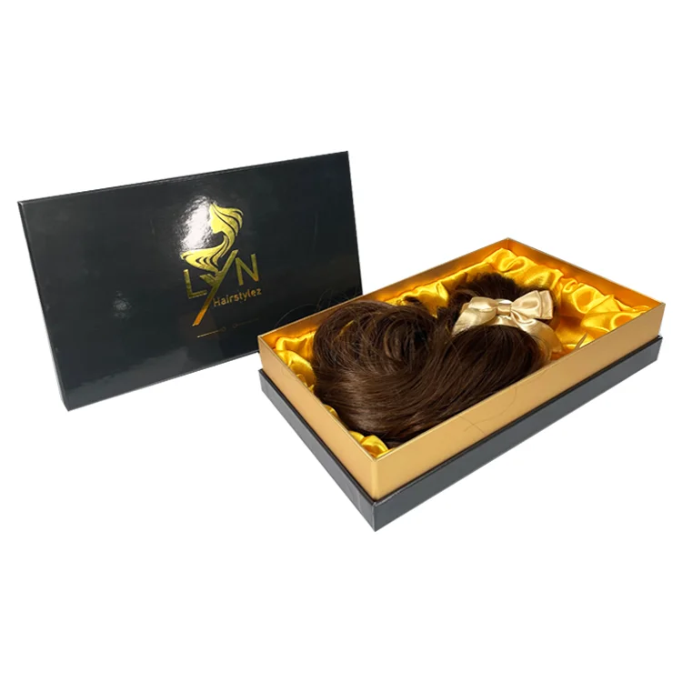 Wholesale Custom Cardboard Paper Box Two Pieces Style Glossy Wig Hair Extension Box with  Golden Satin Fabric Inside