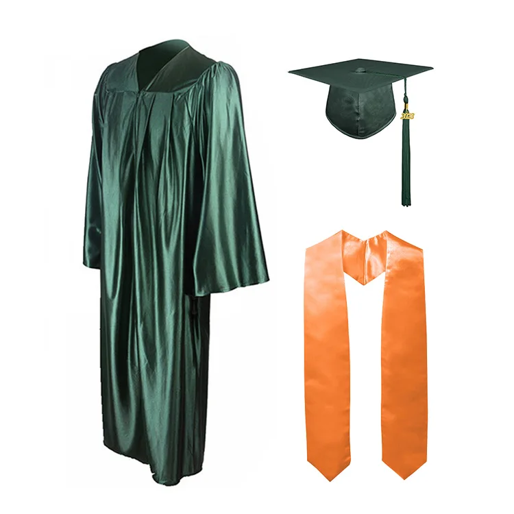 Good Selling Customized Shiny Green Academic College Graduation Gowns and Caps