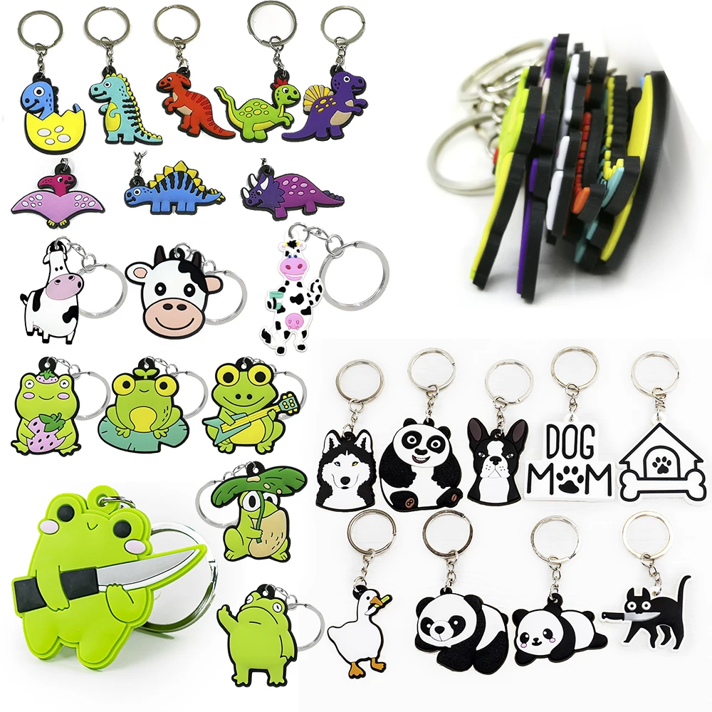 kawaii products cute customized custom 2D pvc Plastic Rubber keyring anime dinosauranimals key chains rings rubber keychain