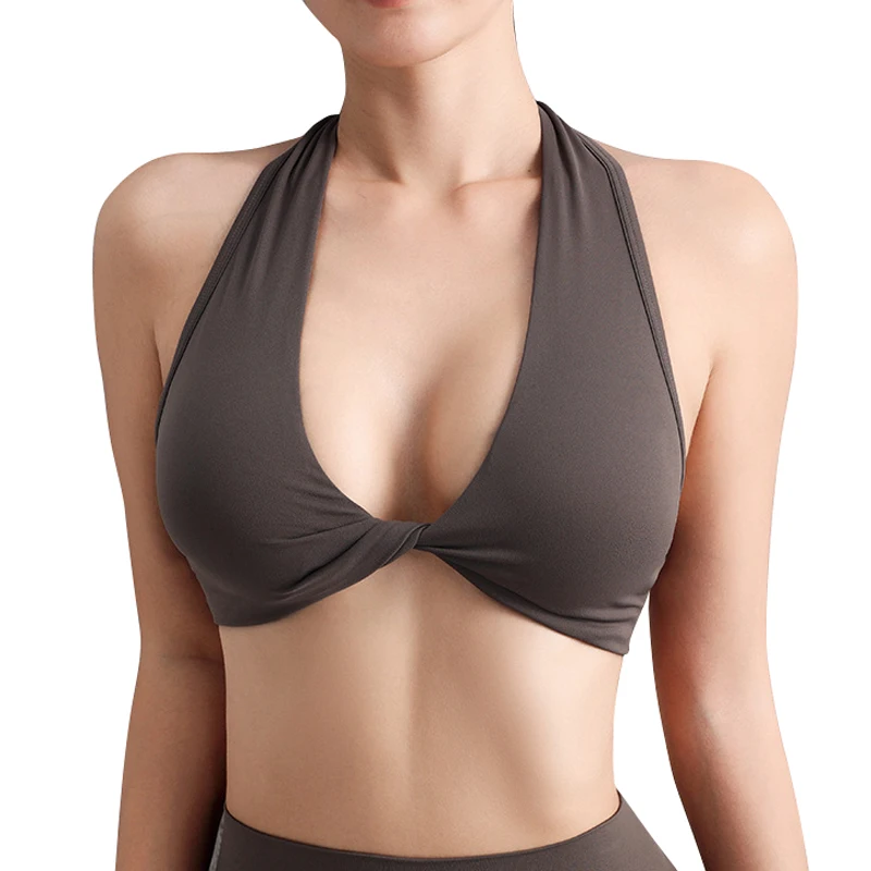 Custom Women Compression Supportive Stretchy Twist Halter Neck Sports Bra With Removable Padding