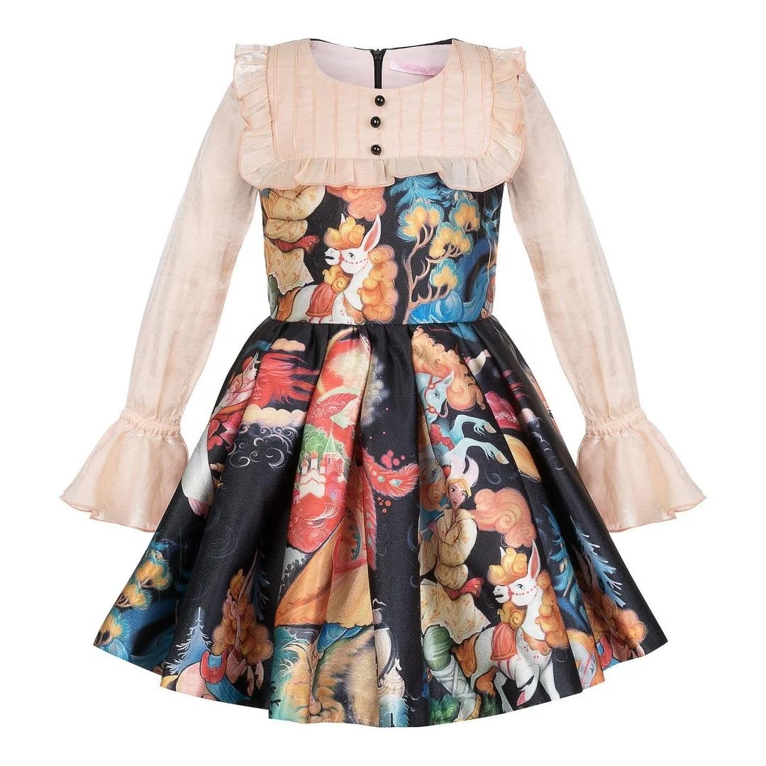 New Long Sleeve Pattern Printing Black Casual Party Kids Dresses For Girls Of 9 Years Old